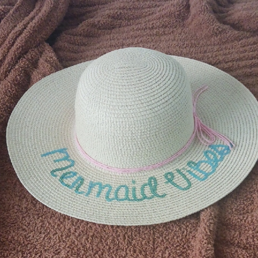 Straw Sun Hat with Blue and Pink Accents